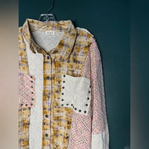 New Pol Boho Patchwork Plaid Multi Color Long Sleeve Oversized Jacket - Picture 4 of 9